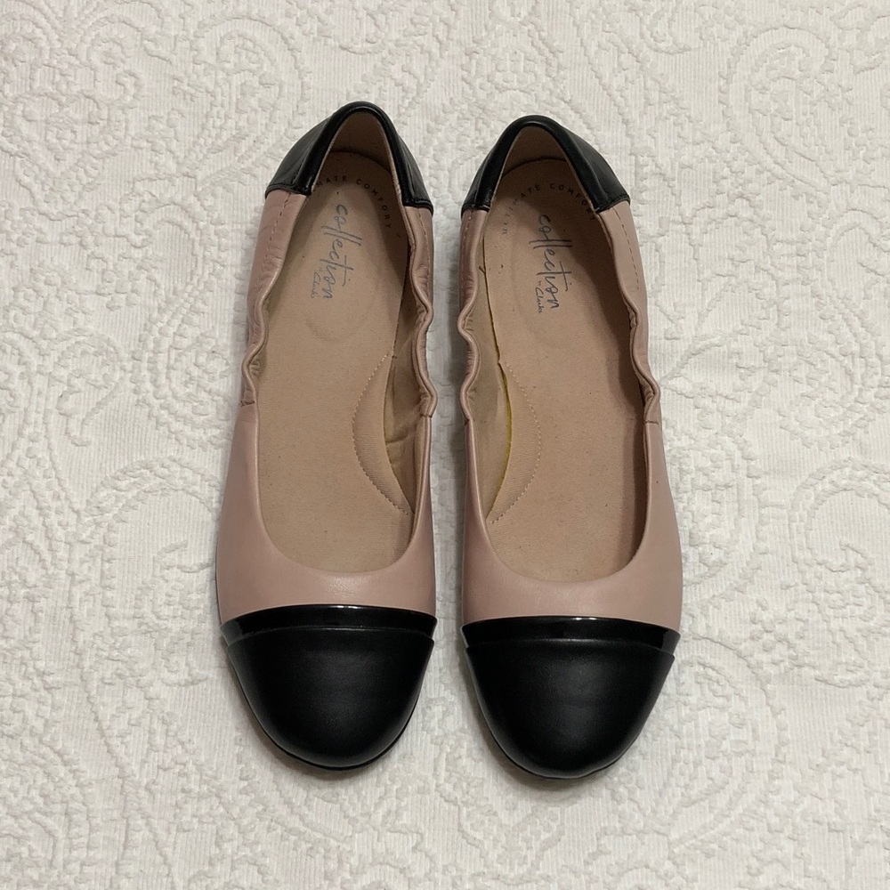 Clarks Pink and Black Cap-Toe Ballet Flats